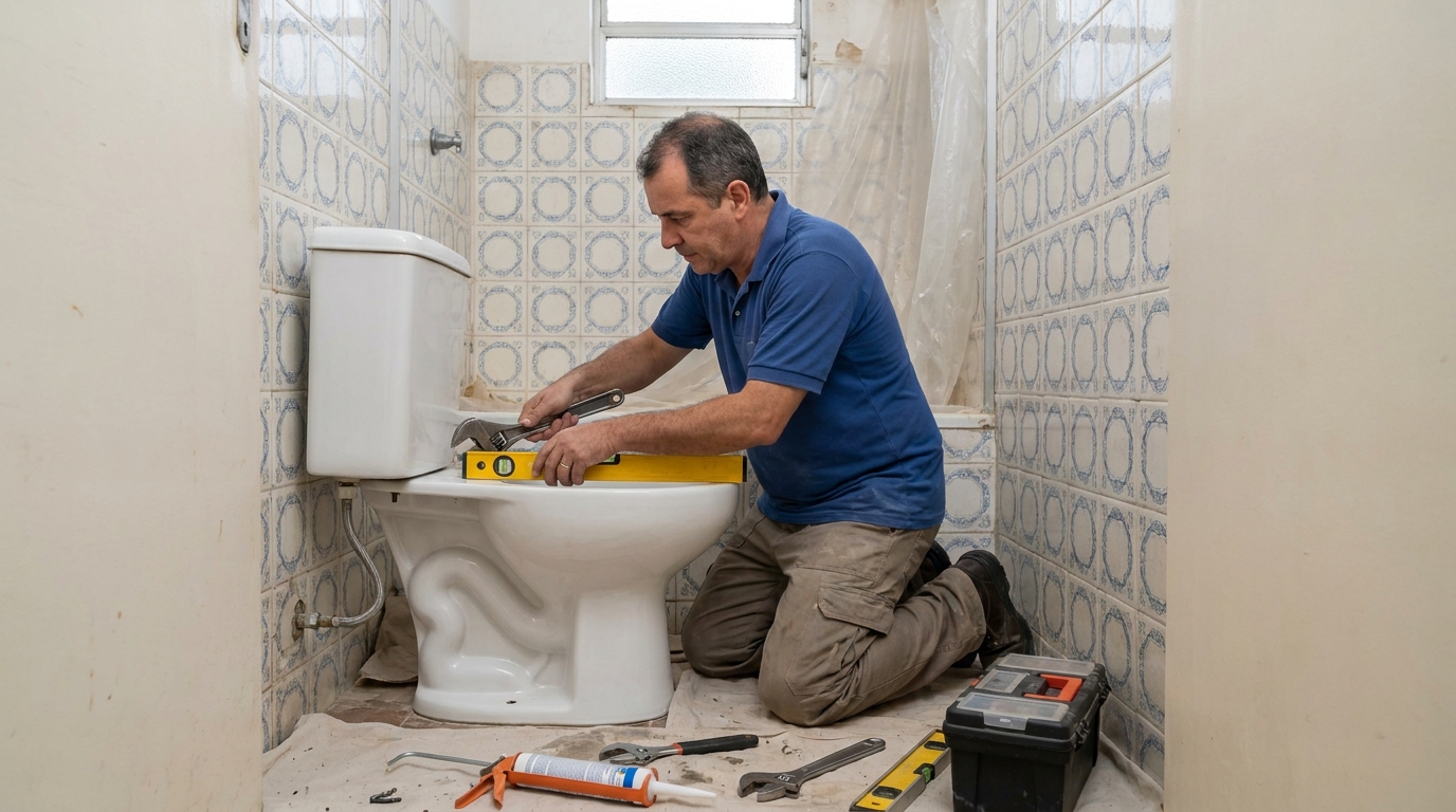 Técnico instalando vaso sanitário em Campinas‑SP